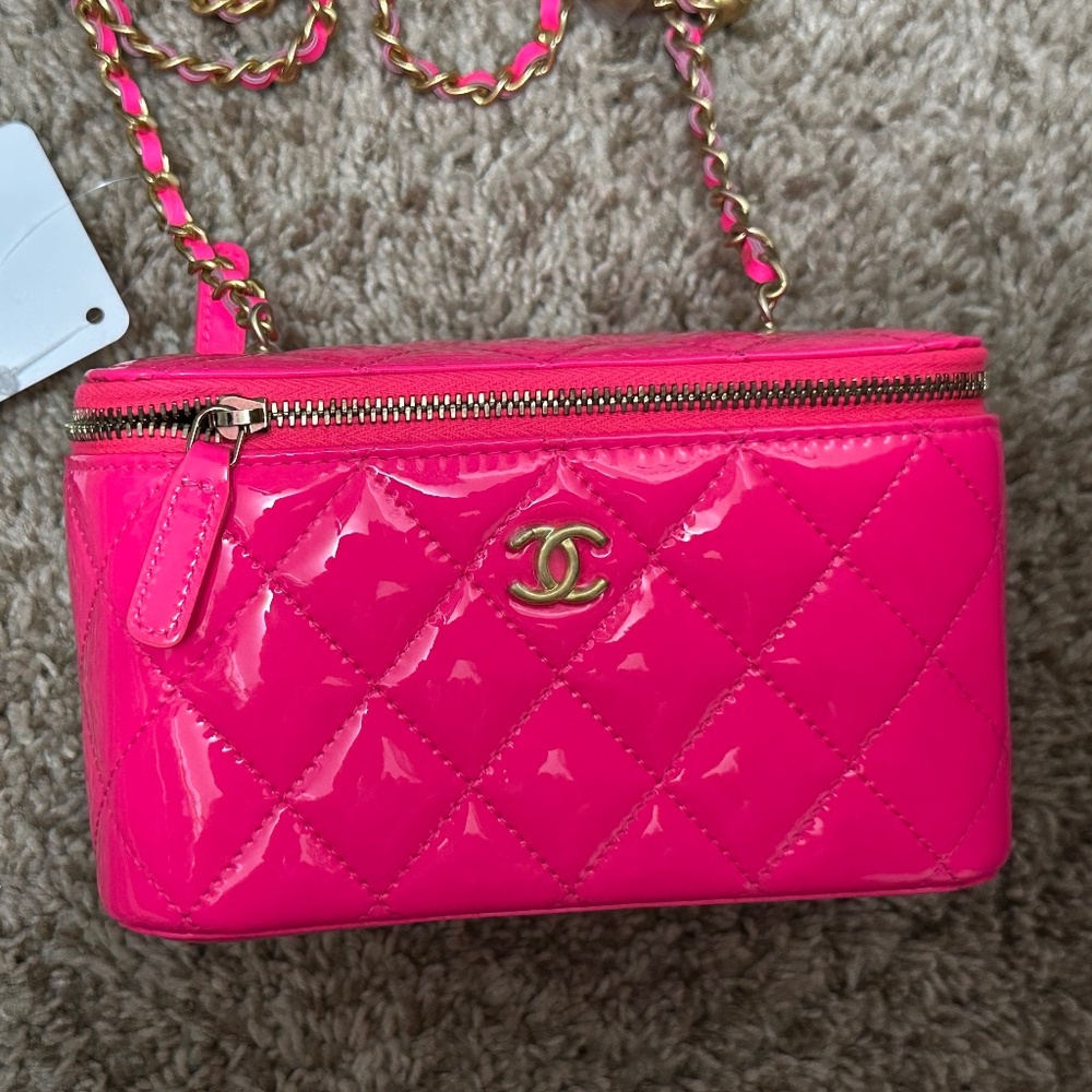 Brand New Chanel Neon Pink Patent Leather Vanity Bag